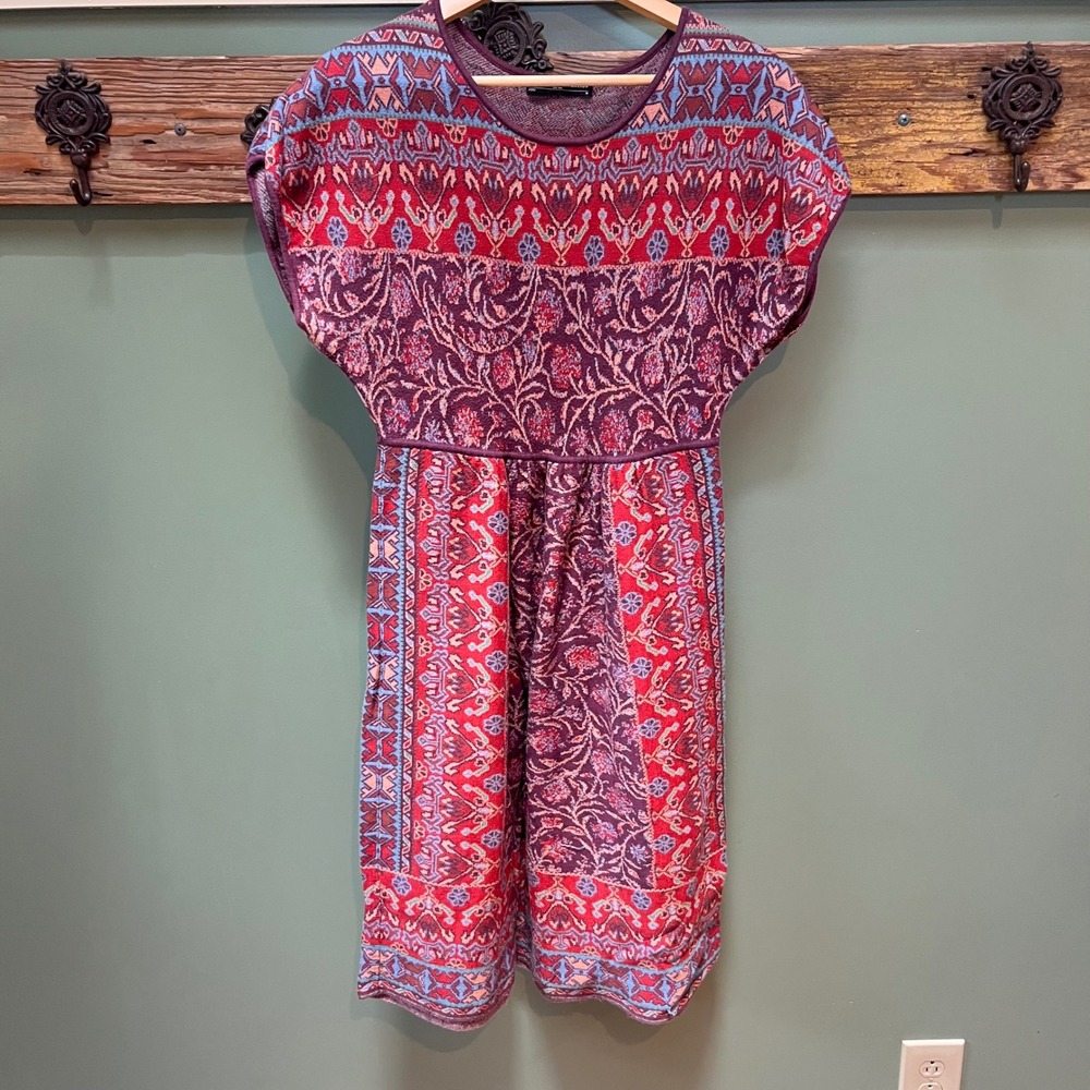 Peruvian Connection Pima Cotton Jacquard Knit Dress Red Burgundy Blue Womens M‎